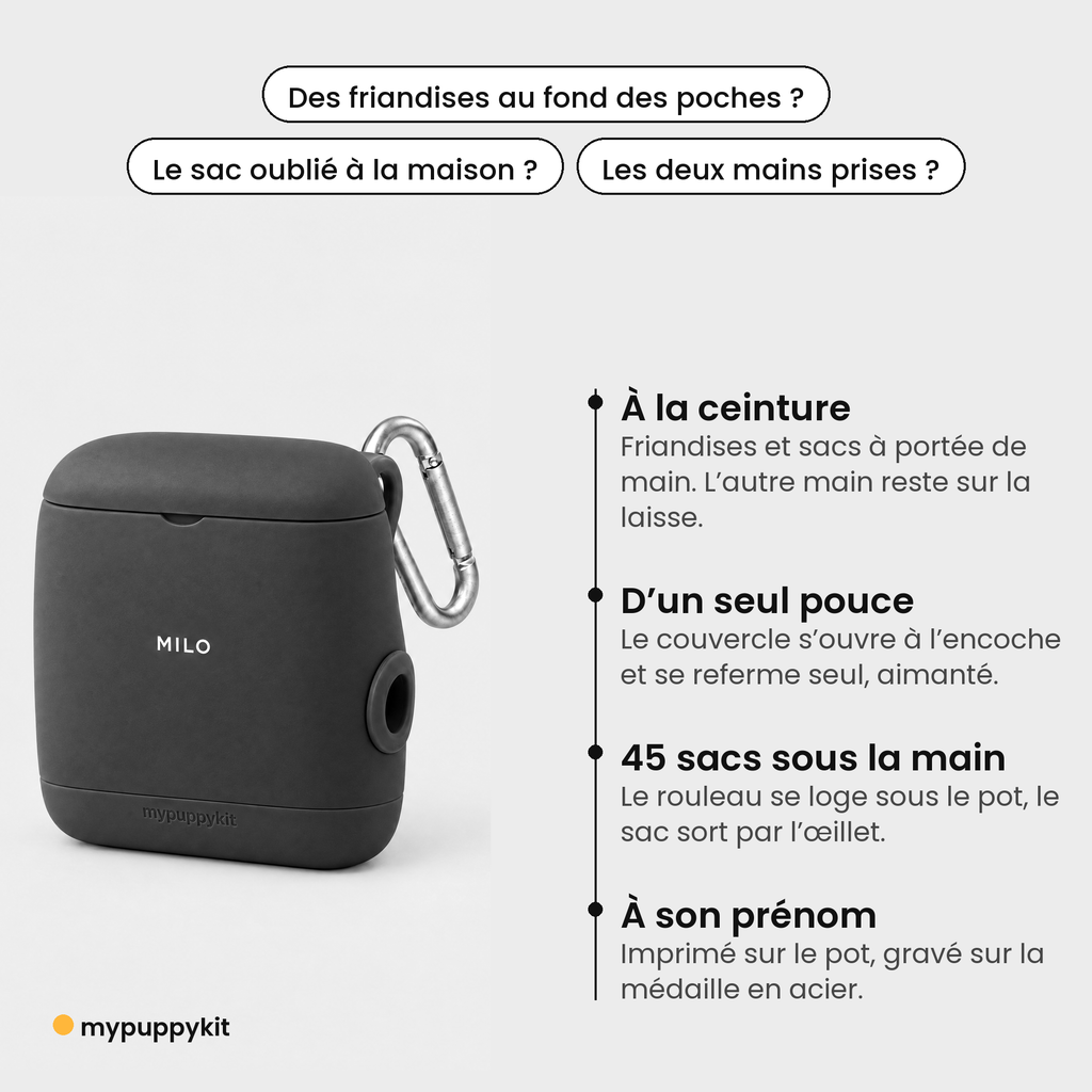 Kit Balade : le pot à friandises à la ceinture, sacs et médaille à son prénom