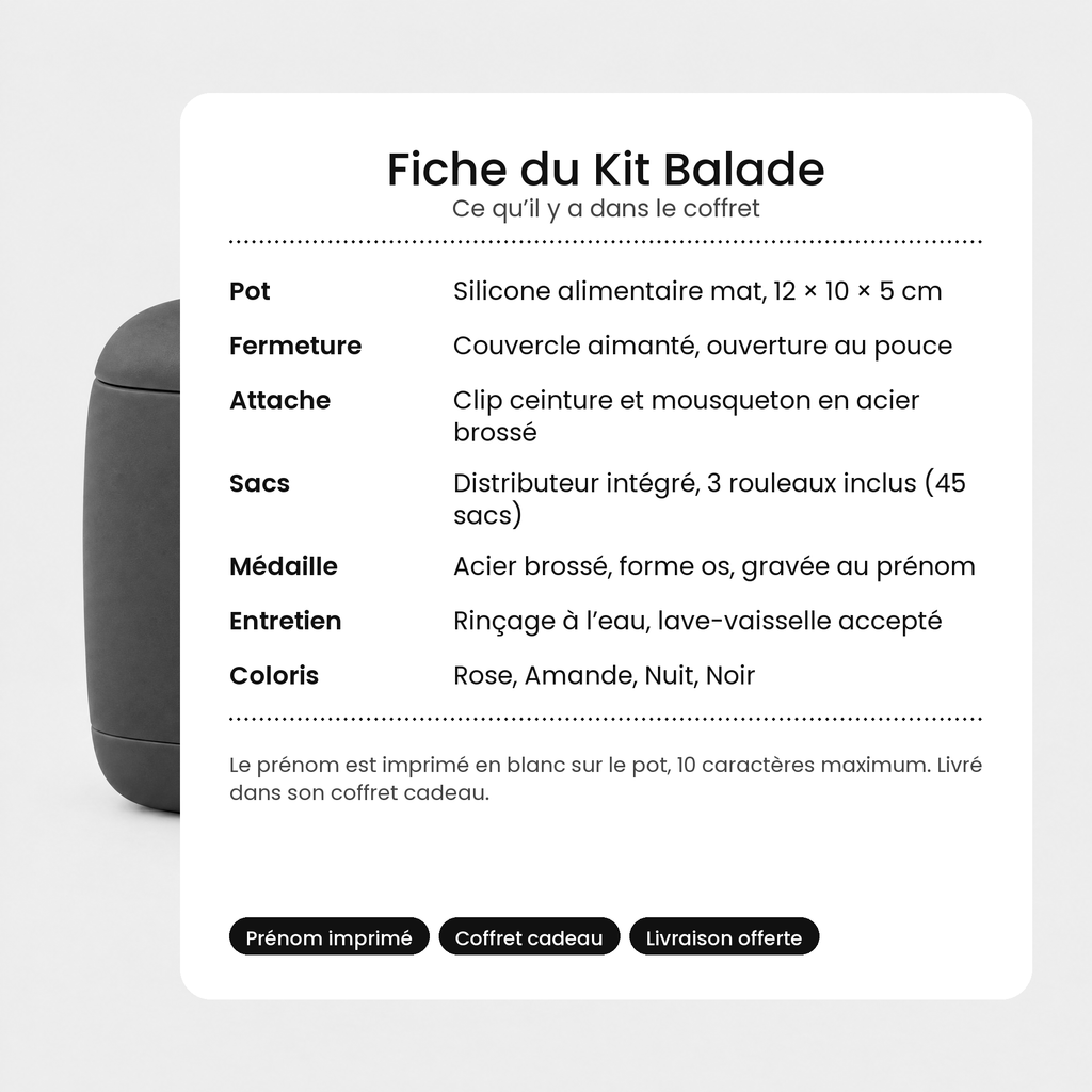 Fiche du Kit Balade : matière, dimensions, contenu