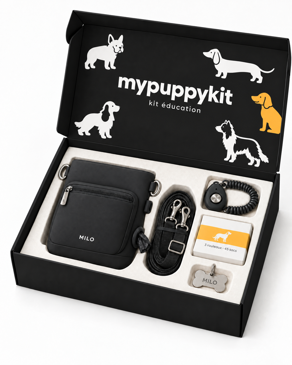 Coffret Kit Éducation ouvert : sacoche, bandoulière, clicker, sacs, médaille